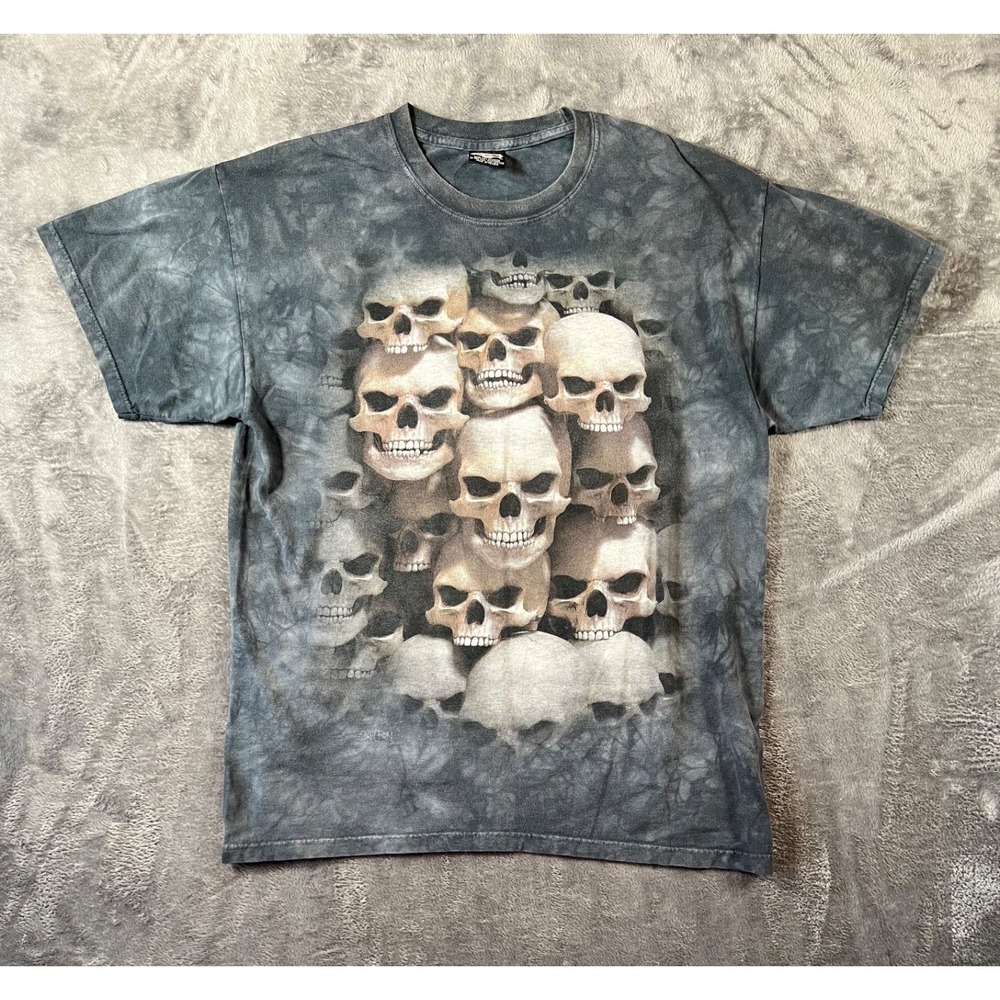 Vintage Skullbone T Shirt Mens Large Gray 3D Skull Stacked Tie Dye Y2K Grunge